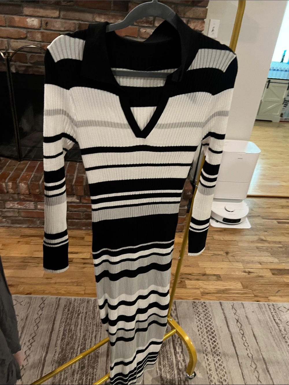 SHEIN Black and White Striped Long Sleeve Ribbed Dress with Collar